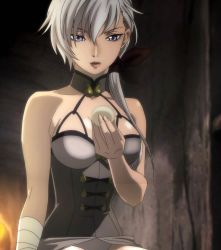 Rule 34 | 10s, 1girl, alka (blade &amp; soul), blade &amp; soul, breasts, collarbone, female focus, food, gradient background, highres, large breasts, open mouth, purple eyes, ribbon, screencap, short hair, sitting, solo, stitched, third-party edit, white hair