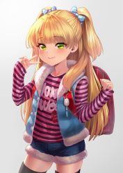 Rule 34 | 1girl, backpack, bag, black thighhighs, blonde hair, blunt bangs, blush, bow, clothes writing, commentary request, cowboy shot, crime prevention buzzer, eyes visible through hair, fang, fang out, fur-trimmed jacket, fur-trimmed shorts, fur-trimmed vest, fur collar, fur trim, green eyes, hair bow, idolmaster, idolmaster cinderella girls, jacket, jougasaki rika, long hair, long sleeves, looking at viewer, randoseru, shirt, short shorts, shorts, skin fang, skindentation, sleeveless, sleeveless jacket, smile, solo, standing, striped clothes, striped shirt, thighhighs, two side up, v, vest, yapo (croquis side)