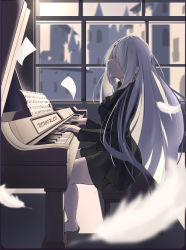Rule 34 | 1girl, absurdres, hair ornament, hair over one eye, highres, instrument, long hair, noir (noworld), noworld, piano, qiyuan yingluo, quill, solo, virtual youtuber, white hair, window