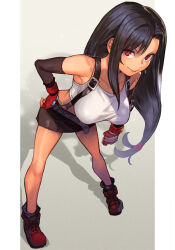 Rule 34 | 1girl, asymmetrical bangs, belt, black gloves, black hair, black skirt, border, breasts, closed mouth, collarbone, elbow gloves, final fantasy, final fantasy vii, fingerless gloves, full body, gloves, hand on own hip, hungry clicker, large breasts, leaning forward, long hair, looking at viewer, low-tied long hair, outside border, red eyes, red footwear, red gloves, shadow, simple background, skirt, smile, solo, suspender skirt, suspenders, tank top, tifa lockhart, white border, white tank top