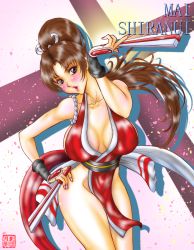 Rule 34 | 1girl, breasts, character name, hand fan, fatal fury, large breasts, ponytail, shiranui mai, snk, solo