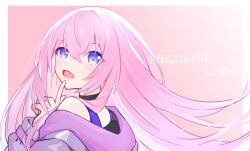 Rule 34 | 1girl, absurdres, alnana, alternate costume, character name, choker, commentary, earrings, highres, hoop earrings, jewelry, long hair, looking at viewer, megurine luka, open mouth, pink background, pink hair, project sekai, purple eyes, purple shirt, shirt, solo, symbol-only commentary, upper body, vivid bad squad luka, vocaloid