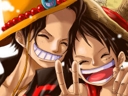 Rule 34 | 2boys, ^ ^, black hair, black shirt, close-up, closed eyes, collared shirt, commentary request, freckles, hat, heads together, kara (acluf-0156), male focus, monkey d. luffy, multiple boys, one piece, open mouth, orange headwear, portgas d. ace, red shirt, scar, scar on face, shirt, short hair, sleeveless, sleeveless shirt, smile, straw hat, v, white background