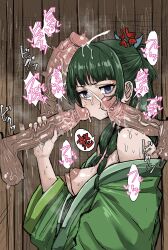 Rule 34 | 1girl, 3boys, absurdres, anger vein, blue eyes, blush, breasts, cum, ejaculation, fellatio, fingernails, freckles, glory hole, green hair, hair ribbon, hair tie, highres, japanese clothes, japanese text, kimono, kusuriya no hitorigoto, large penis, lipstick mark, long fingernails, maomao (kusuriya no hitorigoto), medium breasts, multiple boys, nipples, no bra, oral, penis, penis grab, penis on face, pink nails, precum, pursed lips, ribbon, sema (mekemeke king), surrounded by penises, sweat, testicles, twintails, upper body, veins, veiny penis, wooden wall