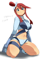 Rule 34 | 10s, 1girl, ario, blue eyes, blue footwear, boots, breasts, creatures (company), female focus, full body, game freak, gloves, gym leader, kneeling, long sleeves, looking at viewer, looking down, midriff, nintendo, pokemon, pokemon bw, red hair, short shorts, shorts, simple background, skyla (pokemon), solo, text focus, thighs, translated, white background