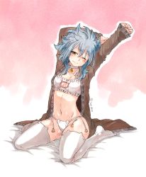Rule 34 | 1girl, blue hair, blush, bra, breasts, brown eyes, cat lingerie, cleavage, cleavage cutout, clothing cutout, fairy tail, highres, levy mcgarden, long hair, looking at viewer, meme attire, navel, panties, rusky, sitting, smile, solo, underwear