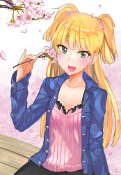 Rule 34 | 1girl, :d, bench, black bra, blonde hair, blue jacket, blush, bra, branch, cherry blossoms, collarbone, fang, flower, green eyes, highres, idolmaster, idolmaster cinderella girls, jacket, jougasaki rika, lace, lace-trimmed bra, lace trim, long hair, looking at viewer, open clothes, open jacket, open mouth, pink scrunchie, pink shirt, ribbed shirt, scrunchie, shirt, sitting, smile, solo, two side up, underwear, yanngoto