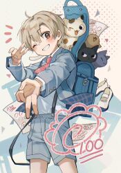 Rule 34 | 1boy, ahoge, bag, blonde hair, cat, child, commentary request, cowboy shot, highres, male focus, one eye closed, original, red eyes, school bag, school uniform, shorts, simple background, smile, solo, teeth, too many, too many cats, umibatari, v, white footwear