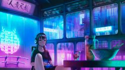 Rule 34 | 1girl, black hair, black shirt, blurry, blurry foreground, bowl, brown eyes, building, chair, commentary, controller, cup, depth of field, drinking glass, english commentary, game controller, headphones, highres, holding, indoors, katana, knee up, long hair, low twintails, neon lights, on chair, original, rain, resolution mismatch, sheath, sheathed, shirt, sitting, solo, source smaller, sword, table, translation request, twintails, weapon, window, yoka1chi