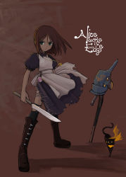 Rule 34 | alice (alice in wonderland), alice in wonderland, boots, brown hair, cat, cheshire cat (alice in wonderland), dress, green eyes, jewelry, knife, matsumae takumi, necklace, peace symbol, scarf, torn clothes