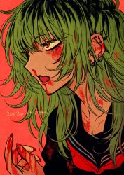Rule 34 | 1girl, akiyama enma, artist name, barbell piercing, blood, blood on clothes, blood on face, blood on hands, earrings, highres, jewelry, multicolored hair, nosebleed, open mouth, original, piercing, red background, red eyes, roots (hair), spike piercing, uniform