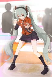 Rule 34 | 1girl, alternate costume, black footwear, black skirt, black socks, blush, breath, cloth, embarrassed, full body, green eyes, green hair, hair ornament, hands up, hatsune miku, headphones, highres, holding, kneehighs, layered sleeves, legs apart, long hair, long sleeves, matching hair/eyes, minoco, nose blush, one eye closed, open mouth, peeing, peeing self, puddle, red shirt, shirt, shoes, short over long sleeves, short sleeves, silhouette, skirt, socks, solo focus, standing, sweat, twintails, uniform, very long hair, vocaloid, wet, wet clothes, wince, x-ray