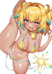 Rule 34 | + +, 1girl, :3, :d, bikini, blonde hair, blue eyes, blue hair, blush, bombergirl, breasts, cleavage, clover-shaped pupils, collar, colored tips, fang, fuse tail, grenade hair ornament, groin, highres, large breasts, looking at viewer, multicolored hair, navel, open mouth, oppai loli, pine (bombergirl), rokita, shiny skin, side-tie bikini bottom, smile, split, standing, standing on one leg, standing split, swimsuit, symbol-shaped pupils, tan, tanline, two side up, yellow bikini