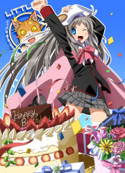 Rule 34 | 1girl, blue eyes, bouquet, bow, cape, cat, fangs, flower, gift, grey hair, happy birthday, hat, k3 (dolphin brain), little busters!, long hair, noumi kudryavka, one eye closed, pink bow, pink rose, plaid, plaid skirt, red rose, rose, school uniform, skirt, solo, thighhighs, wink