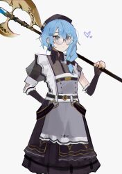 Rule 34 | 1girl, absurdres, alternate costume, apron, beret, black hat, blue hair, braid, commentary, detached sleeves, eml 425, english commentary, glasses, hairpin, halberd, hand on own hip, hat, heart, highres, hololive, hoshimachi suisei, long hair, maid apron, multiple hairpins, polearm, round eyewear, short sleeves, side ponytail, simple background, solo, star (symbol), star in eye, symbol in eye, virtual youtuber, weapon, white background