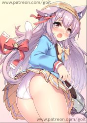 Rule 34 | 1girl, :o, animal ears, artist name, ass, azur lane, bell, blush, bow, bowtie, cat ears, cat tail, crying, crying with eyes open, ears through headwear, embarrassed, from behind, from below, go-it, gun, hat, jingle bell, kisaragi (azur lane), long hair, long sleeves, looking at viewer, looking back, looking down, miniskirt, nose blush, open mouth, over shoulder, panties, pantyshot, pink hair, pleated skirt, purple eyes, red bow, school hat, shiny skin, signature, simple background, skirt, solo, standing, tail, tail bow, tail ornament, tears, thighs, underwear, very long hair, watermark, weapon, web address, white panties, yellow background, yellow bow, yellow bowtie, yellow hat
