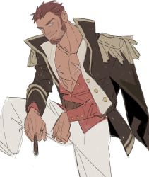 Rule 34 | 1boy, abs, beard, blue eyes, brown hair, cigar, epaulettes, facial hair, fate/grand order, fate (series), horikwawataru, jacket, long sideburns, long sleeves, looking at viewer, male focus, muscular, napoleon bonaparte (fate), open clothes, open jacket, pants, pectorals, scar, sketch, smile, solo, uniform, white background