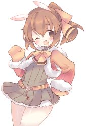 1girl alternate_costume arm_up bow bowtie brown_eyes brown_hair commentary_request delthea_(fire_emblem) fang fire_emblem fire_emblem_echoes:_shadows_of_valentia hand_on_own_hip nintendo one_eye_closed open_mouth simple_background smile solo standing teu_(navy) thighs white_background yellow_bow yellow_bowtie