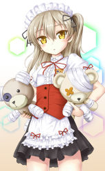 Rule 34 | 1girl, animal print, apron, bandages, bear print, black ribbon, black skirt, blouse, boko (girls und panzer), commentary, cowboy shot, flipper, frilled apron, frilled sleeves, frills, girls und panzer, hair ribbon, hexagon, high collar, holding, holding stuffed toy, layered clothes, light brown hair, long hair, looking at viewer, maid headdress, miniskirt, neck ribbon, one side up, parted lips, puffy short sleeves, puffy sleeves, red ribbon, ribbon, shimada arisu, shirt, short sleeves, skirt, solo, standing, stuffed animal, stuffed toy, teddy bear, underbust, waist apron, waitress, white apron, white shirt, yellow eyes