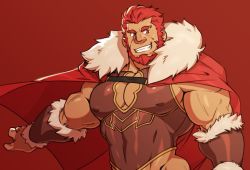 Rule 34 | armor, bara, beard, biceps, breastplate, cape, censored, cheschirebacon, cleavage cutout, clothing cutout, facial hair, fate/grand order, fate (series), fur collar, iskandar (fate), large pectorals, leather, looking to the side, male focus, muscular, nipples, pectoral cleavage, pectorals, red eyes, red hair, simple background, smile, solo, teeth, upper body, veins