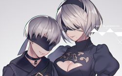 Rule 34 | 1boy, 1girl, black hairband, blindfold, choker, cleavage cutout, clothing cutout, copyright name, covered eyes, grey background, hairband, mole, mole under mouth, nier (series), nier:automata, short hair, silver hair, tubumi, 2b (nier:automata), 9s (nier:automata)