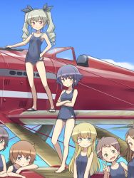 Rule 34 | 10s, 6+girls, aircraft, airplane, anchovy (girls und panzer), anchovy (girls und panzer), aqua eyes, bad id, bad twitter id, bare legs, blonde hair, blue eyes, blush, braid, brown hair, carpaccio (girls und panzer), crossed arms, day, drill hair, girls und panzer, gradient background, green hair, hair ribbon, jpeg artifacts, kuinji 51go, long hair, looking at viewer, macchi mc72, multiple girls, one-piece swimsuit, pepperoni (girls und panzer), pink hair, ribbon, sandals, school swimsuit, seaplane, short hair, sky, smile, standing, swimsuit, twin drills, twintails, v, yellow eyes