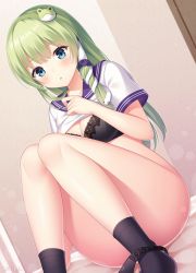 Rule 34 | 1girl, alternate costume, artist name, ass, bad id, bad pixiv id, black bra, black panties, black socks, blue eyes, blue sailor collar, bottomless, bra, breasts, cleavage, commentary request, contemporary, convenient leg, dutch angle, feet out of frame, frog hair ornament, green hair, hair ornament, hair tubes, hand up, indoors, knees up, kochiya sanae, lifted by self, long hair, looking at viewer, medium breasts, panties, panties around leg, parted lips, sailor collar, school uniform, serafuku, short sleeves, sidelocks, sitting, snake hair ornament, socks, solo, thick thighs, thighs, touhou, underwear, yamayu