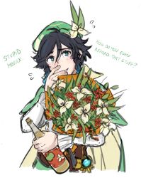 Rule 34 | 1boy, androgynous, bad id, bad twitter id, beret, black hair, blue hair, blush, bottle, bouquet, braid, cape, collared cape, corset, covering own mouth, dn313gl, english text, flower, frilled sleeves, frills, genshin impact, gradient hair, green eyes, green hat, hat, hat flower, highres, holding, holding bottle, holding bouquet, leaf, long sleeves, looking at viewer, male focus, multicolored hair, open mouth, red flower, short hair with long locks, simple background, smile, solo, sweat, twin braids, venti (genshin impact), vision (genshin impact), white background, white flower, wine bottle
