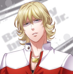 Rule 34 | 10s, 1boy, bad id, bad pixiv id, barnaby brooks jr., blonde hair, glasses, green eyes, jacket, jewelry, kuren, male focus, necklace, red jacket, solo, tiger &amp; bunny, white background