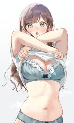 Rule 34 | 1girl, aqua bra, aqua panties, blunt bangs, blush, bow, bow bra, bow panties, bra, breasts, brown hair, cleavage, clothes lift, green eyes, hanako151, highres, lace, lace-trimmed bra, lace trim, large breasts, lifting own clothes, long hair, looking at viewer, navel, open mouth, original, panties, shirt, shirt lift, short sleeves, solo, standing, sweat, underwear, undressing, wavy hair, white shirt