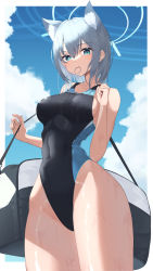 Rule 34 | 1girl, absurdres, animal ears, aqua eyes, blue archive, breasts, competition swimsuit, from below, grey hair, hai maker, hair tie, hair tie in mouth, highres, looking at viewer, medium breasts, mouth hold, one-piece swimsuit, shiroko (blue archive), shiroko (swimsuit) (blue archive), short hair, sky, solo, swimsuit