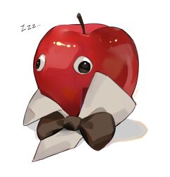 Rule 34 | absurdres, apple, apple (reverse:1999), bow, bowtie, commentary, crrn, english commentary, food, fruit, googly eyes, highres, no humans, object focus, reverse:1999, simple background, solo, white background, zzz