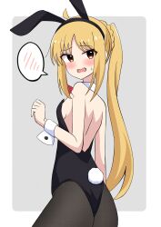 Rule 34 | ahoge, animal ears, ass, black leotard, black pantyhose, blonde hair, bocchi the rock!, bow, bowtie, breasts, cowboy shot, detached collar, fishnet pantyhose, fishnets, from above, grey background, highres, ijichi nijika, leotard, looking at viewer, motti (motthi0711), pantyhose, playboy bunny, ponytail, rabbit ears, rabbit tail, red bow, red bowtie, red eyes, small breasts, spoken blush, strapless, strapless leotard, tail, two-tone background, white background, wrist cuffs