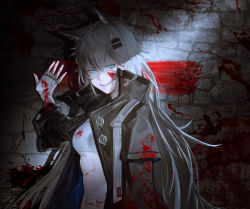 Rule 34 | 1girl, absurdres, animal ears, arknights, black coat, blood, blood on clothes, blood on face, blood splatter, blue eyes, breasts, coat, fingerless gloves, gloves, grin, hair ornament, hairclip, high collar, highres, lappland (arknights), long hair, long sleeves, looking at viewer, medium breasts, navel, open clothes, open coat, parted lips, scar, scar across eye, scar on face, silver hair, smile, solo, stomach, stone wall, strapless, teeth, toned, tube top, underboob, upper body, very long hair, wall, white gloves, wolf ears, xiaoye eago