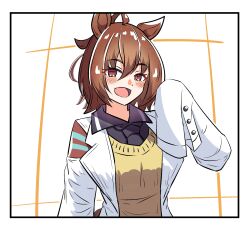 Rule 34 | 1girl, agnes tachyon (umamusume), akkunz, animal ears, black shirt, border, breasts, brown hair, collared shirt, commentary request, earrings, hair between eyes, hand up, highres, horse ears, horse girl, horse tail, jewelry, looking at viewer, motion lines, necktie, open mouth, shirt, short hair, short necktie, simple background, single earring, sleeves past fingers, sleeves past wrists, small breasts, smile, solo, sweater, tail, umamusume, upper body, white border, yellow sweater