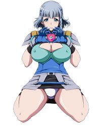 Rule 34 | arajin (arazinz), blue eyes, breasts, cleavage, covered erect nipples, gloves, highres, large breasts, long hair, panties, seolla schweizer, silver hair, simple background, sitting, solo, super robot wars, thighs, underwear, wariza, white background, white panties
