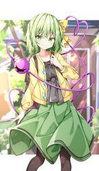 Rule 34 | 1girl, adapted costume, black shirt, blurry, blurry background, closed mouth, commentary request, green eyes, green hair, green skirt, hat, hat ribbon, heart, heart of string, highres, jacket, komeiji koishi, long sleeves, looking at viewer, ribbon, sabana, shirt, short hair, skirt, smile, solo, third eye, touhou, yellow jacket, yellow ribbon