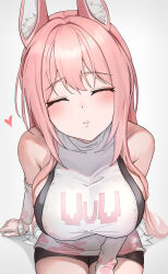 Rule 34 | 1girl, animal ear fluff, animal ears, arm support, bare shoulders, black shorts, blush, breasts, closed eyes, commentary request, detached sleeves, from above, goddess of victory: nikke, hatenoga, heart, incoming kiss, large breasts, leona (nikke), long hair, pink hair, shirt, short shorts, shorts, simple background, sitting, solo, turtleneck, turtleneck shirt, white background, white shirt