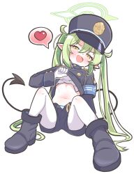 Rule 34 | 1girl, :d, absurdres, arm support, armband, black tail, blue archive, blue armband, blue footwear, blue hat, blue jacket, blue panties, blue shorts, blush, boots, buttons, clothes lift, collared jacket, commentary request, demon girl, demon tail, fang, gloves, green hair, green halo, hair between eyes, half-closed eyes, halo, hand up, hat, heart, highres, jacket, jacket lift, knees up, korean commentary, lifting own clothes, long hair, looking at viewer, navel, nozomi (blue archive), open clothes, open fly, open mouth, open shorts, panties, pantyhose, pantyhose under shorts, pointy ears, shako cap, shirt, shoeguy, short shorts, shorts, simple background, sitting, sleeve cuffs, smile, solo, speech bubble, spoken heart, striped clothes, striped panties, sweat, tail, train conductor, twintails, two-tone panties, underwear, very long hair, white background, white gloves, white panties, white pantyhose, white shirt, yellow eyes