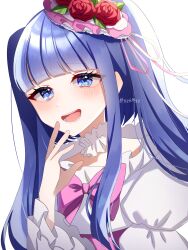 Rule 34 | 1girl, :d, blue eyes, blue hair, blunt bangs, blush, bow, choker, commentary, eyelashes, flower, frilled choker, frills, furudo erika, hand up, hat, highres, long hair, looking at viewer, mini hat, open mouth, pink bow, red flower, red rose, rose, sidelocks, simple background, smile, smirk, solo, straight hair, szmymsz, teeth, tsurime, twintails, twitter username, umineko no naku koro ni, upper body, white background, wide sleeves