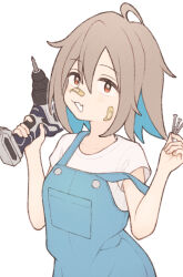 Rule 34 | 1girl, 1ssakawaguchi, :3, absurdres, bandaid, bandaid on cheek, bandaid on face, bandaid on nose, blue hair, blue overalls, brown eyes, brown hair, collarbone, colored inner hair, do it yourself!!, fang, hand drill, hand up, highres, holding, light brown hair, looking at viewer, multicolored hair, open mouth, overalls, power drill, power tool, screw, shirt, short hair, short sleeves, simple background, skin fang, solo, two-tone hair, upper body, white background, white shirt, yua serufu