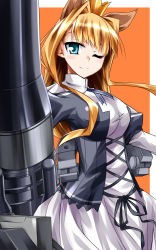 Rule 34 | 1girl, animal ears, blonde hair, blue eyes, cannon, crown, dress, fox ears, germany, girl arms, girl arms war, hemogurobin a1c, highres, long hair, mecha musume, military, one eye closed, personification, smile, solo, weapon, white dress, wink