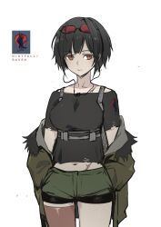 Rule 34 | 1girl, armored core, armored core 6, asymmetrical legwear, bird, black hair, black shirt, bob cut, brown thighhighs, character name, crow, earphones, emblem, english text, eyewear on head, green shorts, hands in pockets, highres, las91214, looking at viewer, navel, nightfall (armored core 6), orange eyes, scar, scar on shoulders, scar on stomach, shirt, short hair, shorts, single thighhigh, spoilers, sunglasses, thighhighs