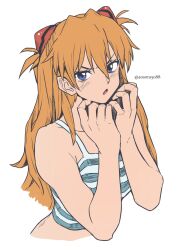 Rule 34 | 1girl, arm support, artist name, artist request, blue eyes, breasts, brown hair, hair between eyes, highres, long hair, looking at viewer, medium breasts, neon genesis evangelion, open mouth, shirt, simple background, solo, souryuu asuka langley, striped clothes, striped shirt, tank top, tsundere, twitter username, two side up, very long hair, white background