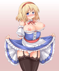 Rule 34 | 1girl, alice margatroid, bare shoulders, blonde hair, blue eyes, blush, breasts, clothes lift, clothes pull, dress, dress lift, dress pull, female focus, garter belt, garter straps, hairband, inverted nipples, lace, lace-trimmed legwear, lace trim, large breasts, nipples, panties, sekiri, short hair, solo, thigh gap, thighhighs, touhou, underwear