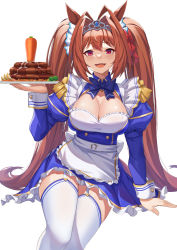 Rule 34 | 1girl, adapted costume, animal ears, apron, arm support, blue jacket, blush, breasts, brown hair, carrot, daiwa scarlet (umamusume), fang, feet out of frame, food, framed breasts, garter straps, hair intakes, hamburger steak, highres, holding, holding plate, horse ears, horse girl, horse tail, invisible chair, jacket, juliet sleeves, large breasts, long hair, long sleeves, looking at viewer, open mouth, plate, puffy sleeves, red eyes, simple background, sitting, slit pupils, smile, solo, tail, thighhighs, tiara, twintails, umamusume, very long hair, vococo, waist apron, white background, white thighhighs