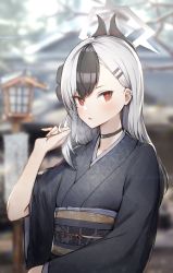 Rule 34 | 1girl, black hair, blue archive, blurry, blurry background, choker, hair ornament, hairclip, hand up, highres, horns, japanese clothes, kagerou (gigayasoma), kayoko (blue archive), kayoko (new year) (blue archive), kimono, looking at viewer, medium hair, multicolored hair, obi, open mouth, red eyes, ruffling hair, sash, silver hair, solo, streaked hair, upper body