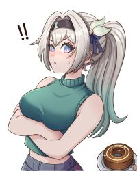 Rule 34 | !, !!, 1girl, 1other, :o, bare arms, bare shoulders, black hairband, cake, commentary, crossed arms, firefly (honkai: star rail), food, gradient hair, green hair, grey hair, hair intakes, hairband, highres, honkai: star rail, honkai (series), junachi, long hair, midriff, multicolored hair, parted lips, purple eyes, simple background, sleeveless, sleeveless turtleneck, solo focus, turtleneck, upper body, white background