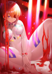 Rule 34 | 1girl, ass, blue eyes, bodysuit, breasts, brown hair, evangelion: 3.0+1.0 thrice upon a time, expressionless, eyepatch, glaring, hair ornament, kibanda gohan, legs apart, long hair, looking at viewer, medium breasts, neon genesis evangelion, orange hair, parted lips, pilot suit, plugsuit, rebuild of evangelion, red background, simple background, sitting, solo, souryuu asuka langley, spread legs, straight hair, suggestive fluid, two side up