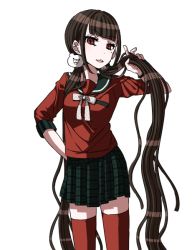 Rule 34 | 1girl, alternate hair ornament, bear hair ornament, black skirt, blunt bangs, bow, bracelet, breasts, brown hair, commentary request, danganronpa (series), danganronpa v3: killing harmony, grey background, hair ornament, hand on own hip, hand up, harukawa maki, holding, holding own hair, jewelry, jian jing, long hair, long sleeves, looking at viewer, low twintails, medium breasts, mole, mole under eye, open mouth, plaid, plaid skirt, pleated skirt, red eyes, red scrunchie, red shirt, red thighhighs, sailor collar, school uniform, scrunchie, serafuku, shirt, skirt, smile, solo, teeth, thighhighs, twintails, upper teeth only, white bow, zettai ryouiki